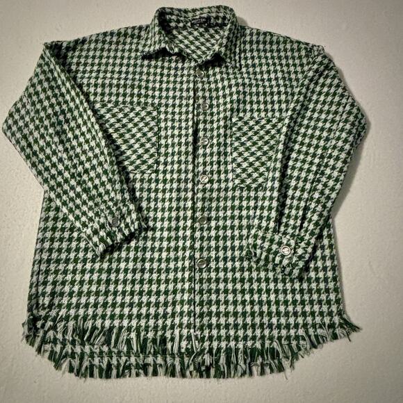 NASTY GAL Houndstooth Green Pattern Fringed Shirt Jacket Women's Size Large - Picture 1 of 8